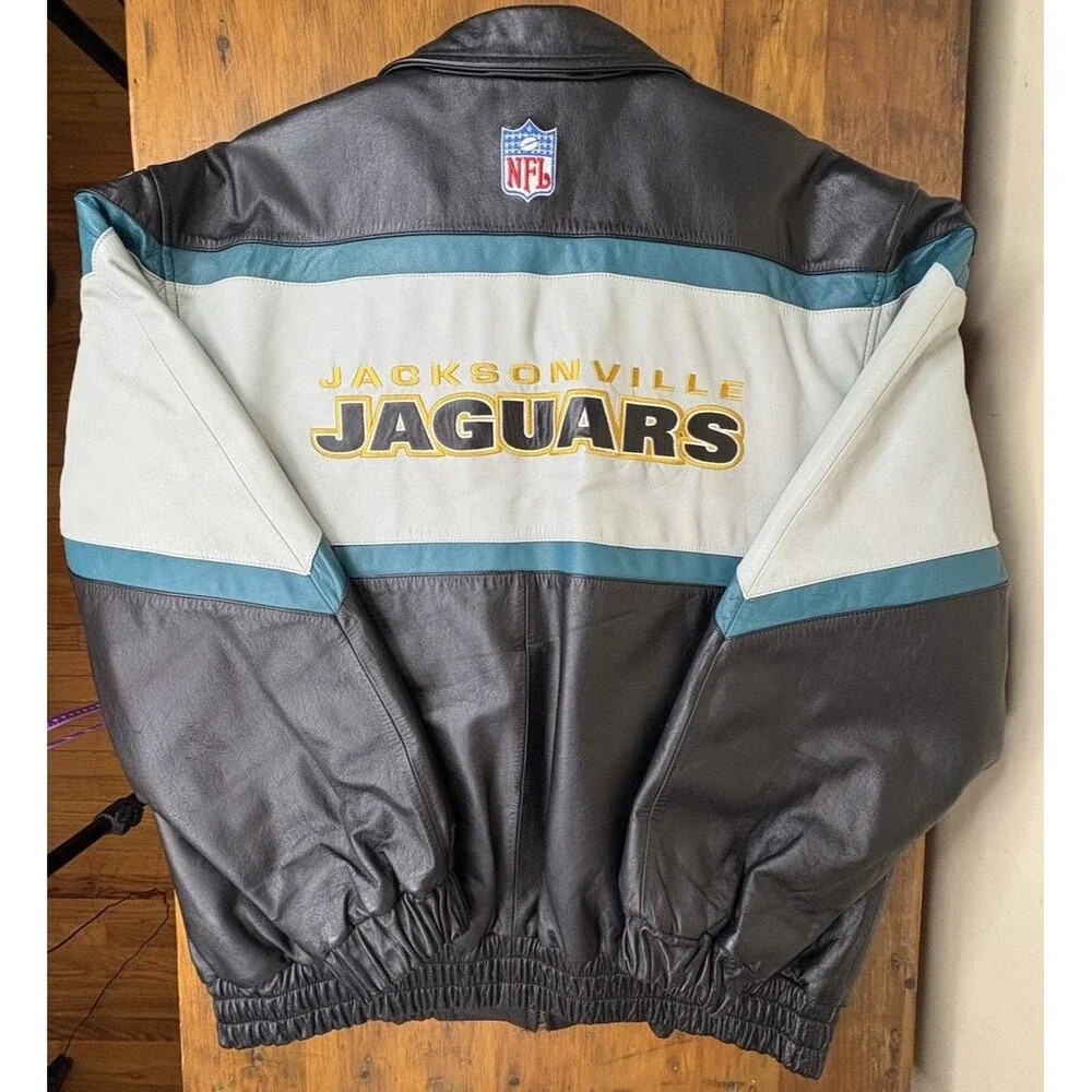 Vtg. 90s Reebok NFL Jacksonville Jaguars Large Leather Bomber Jacket Zip Boxy